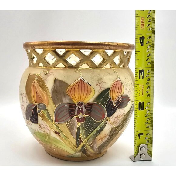 Antique 1893 Robert Hanke Porcelain Vase Lattice Rim Orchid Butterfly Design - Picture 6 of 16